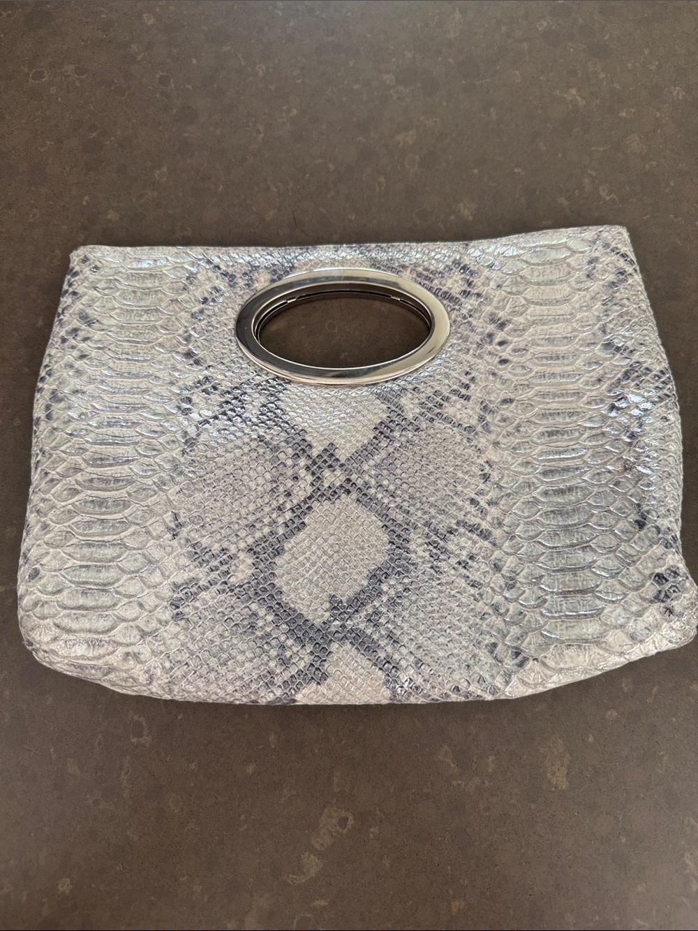 Donald J. Pliner Silver-Grey Snake-Print Oval-Handle Clutch